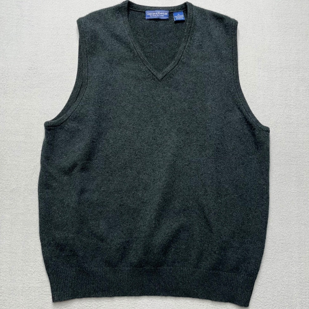 Gieves & Hawkes Mens Pure Cashmere V-Neck Sweater Vest green old money‎ luxe L